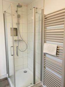 a shower with a glass door in a bathroom at Ferienwohnung Mönch49 in Stralsund