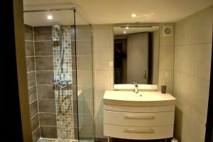 ein Badezimmer mit Waschbecken und Dusche in der Unterkunft Chalet 8 personnes, face aux montagnes in La Plagne Tarentaise