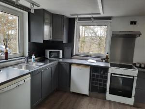 a kitchen with gray cabinets and white appliances at La pinède - Charmante maison de village in Hotton