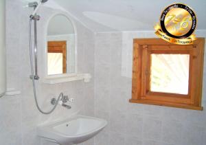 a bathroom with a shower and a sink and a mirror at Pension Dicev in Obzor