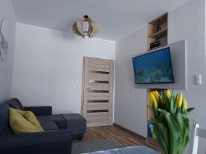 a living room with a couch and a tv on a wall at Apartament Sun&Fun - Rowy in Rowy