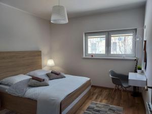 罗威Apartament Sun&Fun - Rowy的一间卧室，配有一张床、一张书桌和一扇窗户