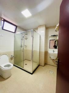 a bathroom with a shower and a toilet and a sink at Winn Hotel - Bahir Dar in Bahir Dar