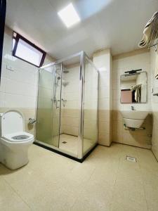 a bathroom with a glass shower and a toilet at Winn Hotel - Bahir Dar in Bahir Dar