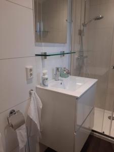 a white bathroom with a sink and a shower at De Woudtplaats in Wolfheze +17 photos