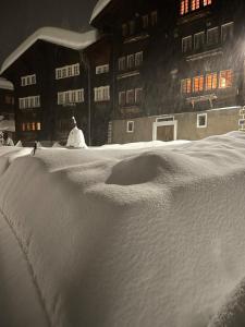 una pila de nieve frente a un edificio en Haus Diezig en Niederwald