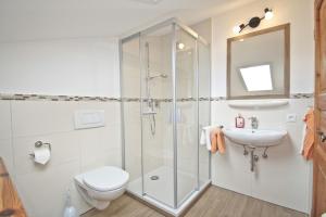 a bathroom with a shower and a toilet and a sink at Stöcklhof in Siegsdorf +26 photos