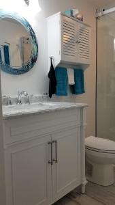 ein Badezimmer mit einem Waschbecken, einem WC und einem Spiegel in der Unterkunft Blue Waters Cottage in Sechelt