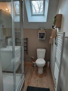 uma casa de banho com um WC, um chuveiro e um lavatório. em La Parenthese Bois de Cise em Ault