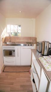 uma cozinha com um lavatório e um fogão forno superior em The Coach House em Hawkhurst