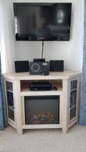 a television on top of a entertainment center with a fireplace at Blue Waters Cottage in Sechelt