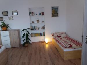 ein Schlafzimmer mit einem Bett und einer Pflanze in einem Zimmer in der Unterkunft Apartmán Formanka in Liberec