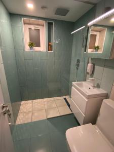 a bathroom with a shower and a toilet and a sink at Center Loft in Buzău