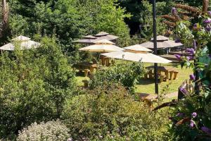 um grupo de mesas e guarda-sóis num jardim em 17th Century Boutique Getaway in the Countryside em Martin