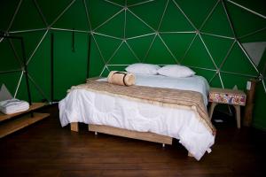 1 dormitorio con una pared verde y 1 cama en Samaná Ecohabs Glamping, en Supatá