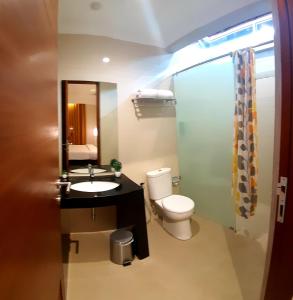 La salle de bains est pourvue de toilettes, d'un lavabo et d'un miroir. dans l'établissement PEPABRI Hotel & Resort, à Tjilimus