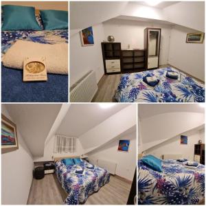 three pictures of a room with two beds and a staircase at Kuća za odmor Breza in Legrad