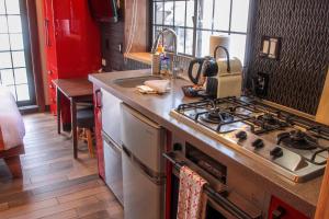 a kitchen with a stove a sink and a microwave at Penke Panke Lodge and Apartments in Hakuba