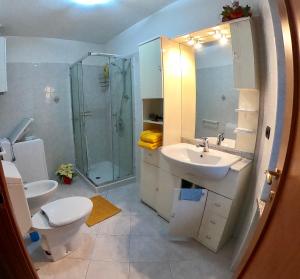y baño con aseo, lavabo y ducha. en Dimora Gilles, Aosta, Alloggio ad uso turistico VDA ISSOGNE n0003, en Issogne