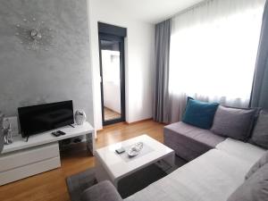 a living room with a couch and a tv at Apartman Gallery Square - Pupin Palace in Novi Sad