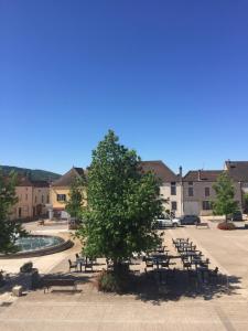 un grupo de bancos y un árbol en un estacionamiento en L'ETAPE DE SANTENAY en Santenay