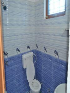 a bathroom with a toilet and a blue tiled wall at Apical Resort in Bhīm Tāl