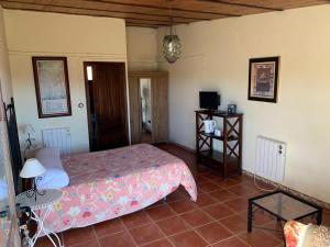 Un dormitorio con una cama, una mesa y un televisor. en Villa Rural Sierra Hueznar, en El Pedroso