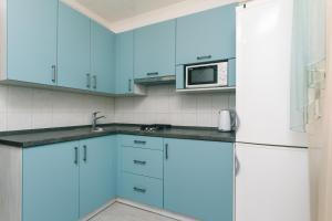 uma cozinha com armários azuis e um micro-ondas em Уютная квартира на Лукьяновке em Kiev