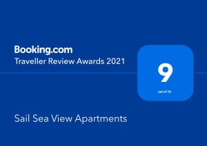 Palkinto, sertifikaatti, kyltti tai muu asiakirja, joka on esillä majoituspaikassa Sail Sea View Apartments