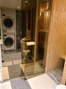 a laundry room with a washing machine and a washer at Senja Skaland in Melkarhola