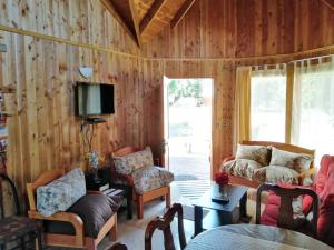 a living room with wooden walls and a tv and chairs at Cabañas Huelemu Pucón in Pucón