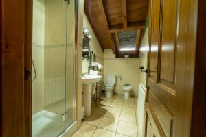 een badkamer met een toilet, een wastafel en een douche bij El Mirador del Alberche III in Navaluenga