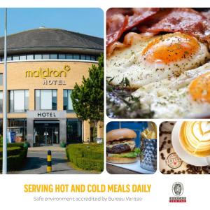 a collage of pictures of a hotel with an egg and food at Maldron Hotel Belfast International Airport in Aldergrove