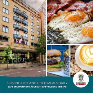 uma colagem de fotos com comida e um edifício em Clayton Hotel Belfast em Belfast