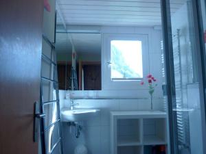 baño blanco con lavabo y ventana en Apartment Casa Mira by Interhome, en Engelberg