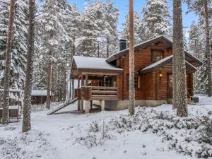 a log cabin in the woods in the snow at Holiday Home Karpalo by Interhome in Herttua