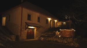 a house at night with lights in front of it at Jákó Ház in Bakonyjákó