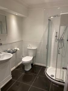 a bathroom with a toilet and a shower and a sink at Caledonian Hotel in Newcastle upon Tyne