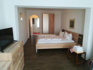 sypialnia z łóżkiem i telewizorem z płaskim ekranem w obiekcie Hotel Schlossgarten w mieście Gladenbach