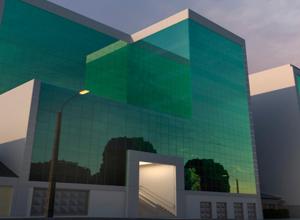un edificio in vetro verde con un lampione di Status Hotel a Río Grande