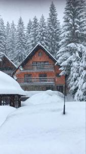 a building covered in snow in front of trees at Apartmani Megara Vlasic in Šišava