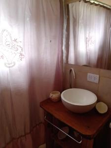 a bathroom with a sink and a shower curtain at Cabañas Artemisa in Tandil