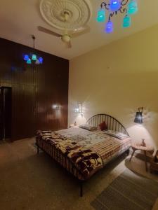 a bedroom with a bed and two lights on the ceiling at Home of the world in Jaipur