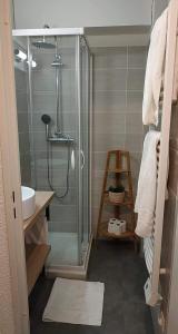 uma casa de banho com uma cabina de duche em vidro e um lavatório. em Cocon d'altitude - Studio avec vue sur les pistes em Les Orres