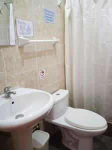 a bathroom with a white toilet and a sink at Illariy Tampu Ecoalbergue Oxapampa in Oxapampa