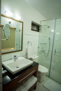 La salle de bains est pourvue d'un lavabo, d'une douche et de toilettes. dans l'établissement The Sera Courtyard, à Leh