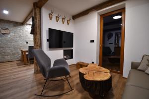 a living room with a chair and a table and a tv at Chalet Apartments Maštal in Železná Ruda