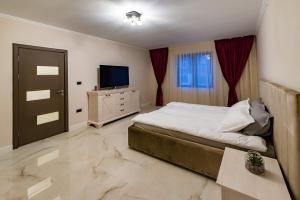 a bedroom with a bed and a flat screen tv at MOKY REZIDENT in Arad
