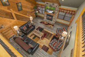 an overhead view of a living room with a fireplace at BearVue Point chalet in Gatlinburg
