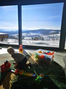 małe dziecko bawiące się zabawkami w pokoju z oknem w obiekcie Ferienhaus Fynnhütte w mieście Schwarzenborn